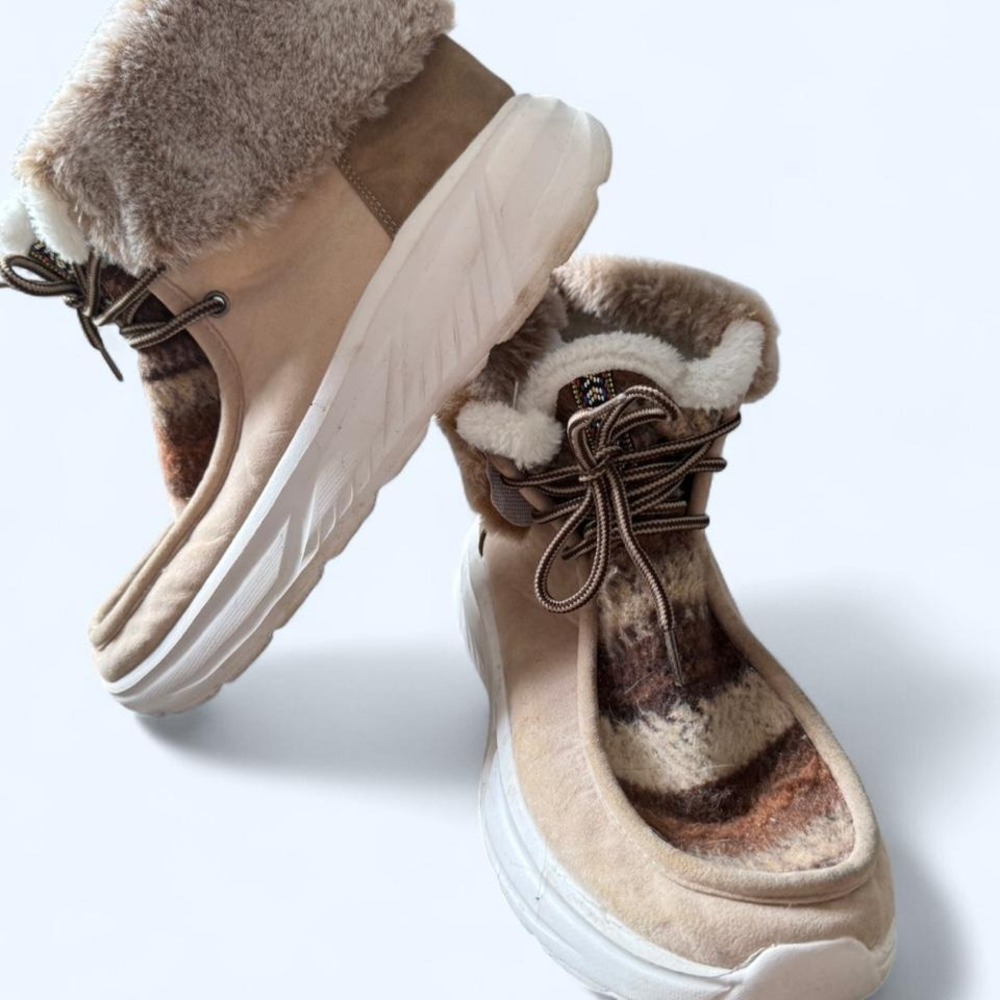 Tan and brown suede ankle boots with fur